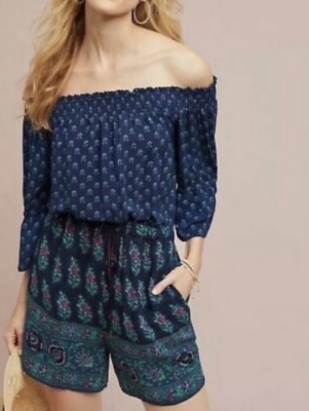 Anthropologie Navy and Light Blue Floral Romper
